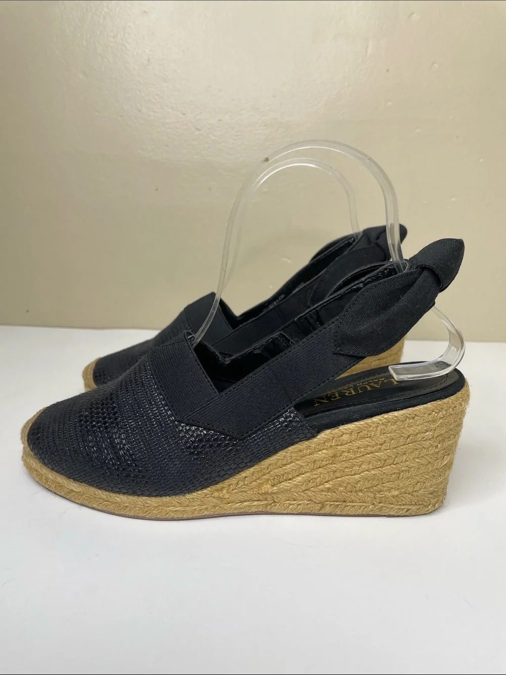LAUREN RALPH LAUREN Black HELMA Slingback Quiet Luxury Espadrille Wedge Heels 7B